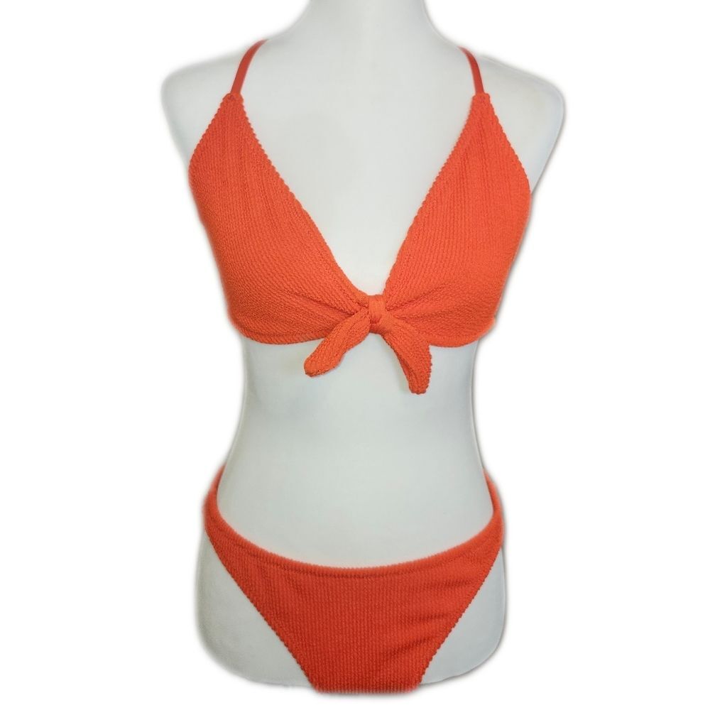 Kona Sol Orange Bikini Set, Waffle Texture, No Padding, S/M